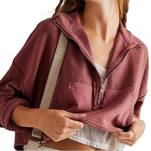 Free People We The Free Kitty Pullover Faded Rust Pockets Zip Raw Seams Size L - Picture 6 of 12